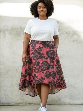 Maurices Rose-Print Burgundy and Black High-Low Skirt